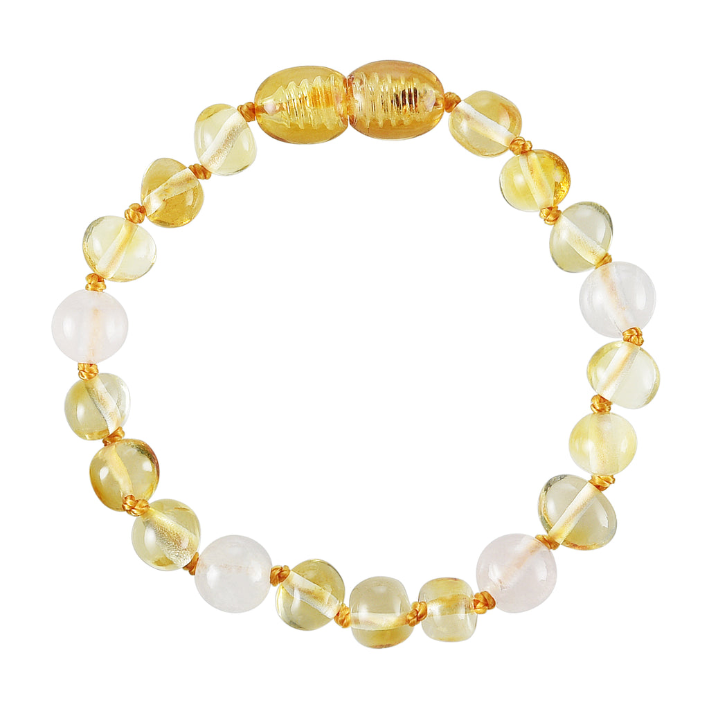 Baltic Amber Baby Bracelet - Polished Lemon + Rose Quartz