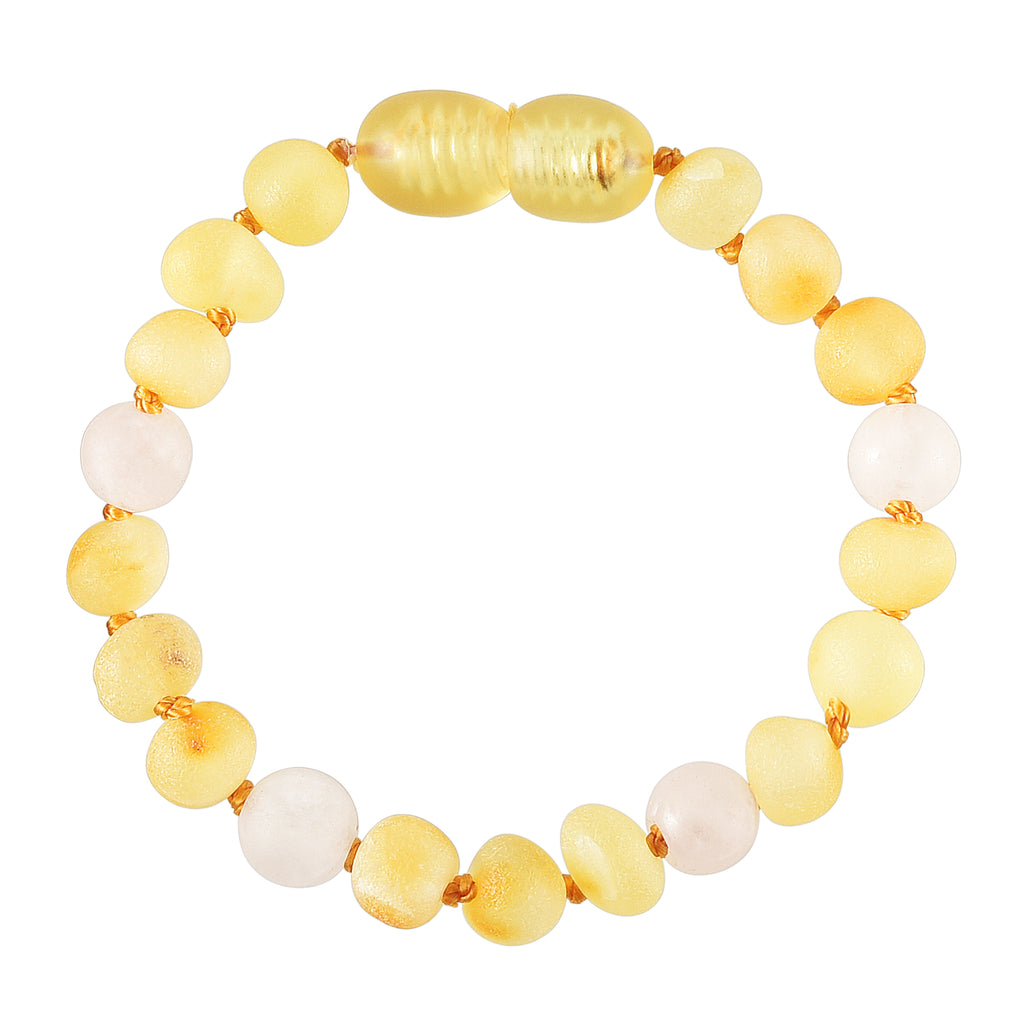 Baltic Amber Baby Bracelet - Raw Lemon + Matte Rose Quartz