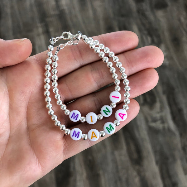 Pastel letters on white beads WITH metallics between