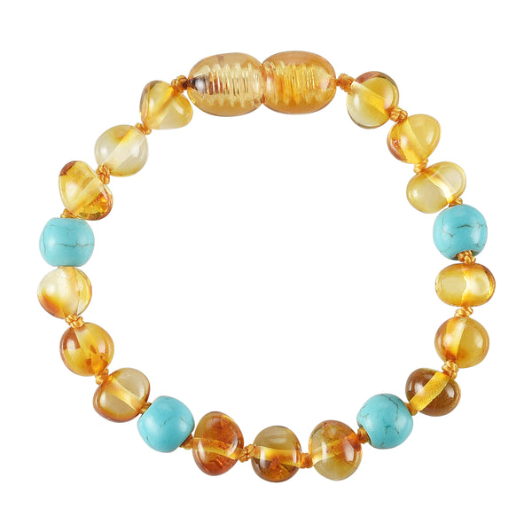 Baltic Amber Baby Bracelet - Polished Honey + Turquoise