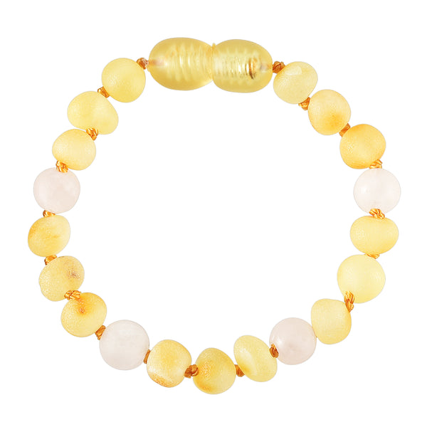Baltic Amber Baby Bracelet - Raw Lemon + Matte Rose Quartz