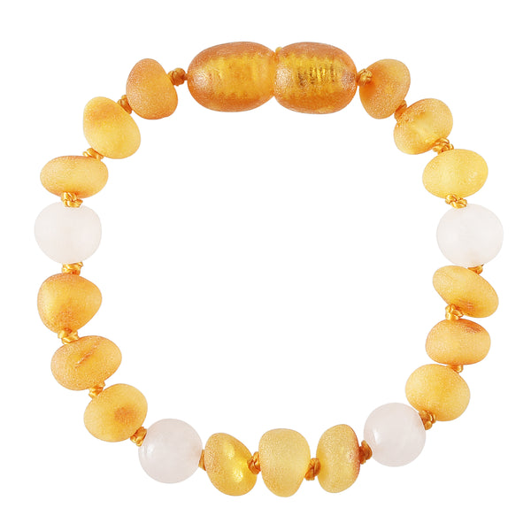 Baltic Amber Baby Bracelet - Raw Honey + Matte Rose Quartz