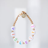 Pearl pastel letters on white beads WITH metallics between
