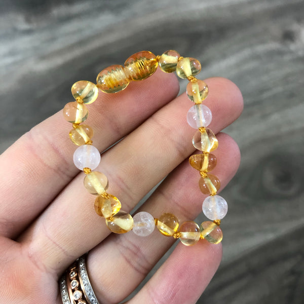 Baltic Amber Baby Bracelet - Polished Lemon + Rose Quartz