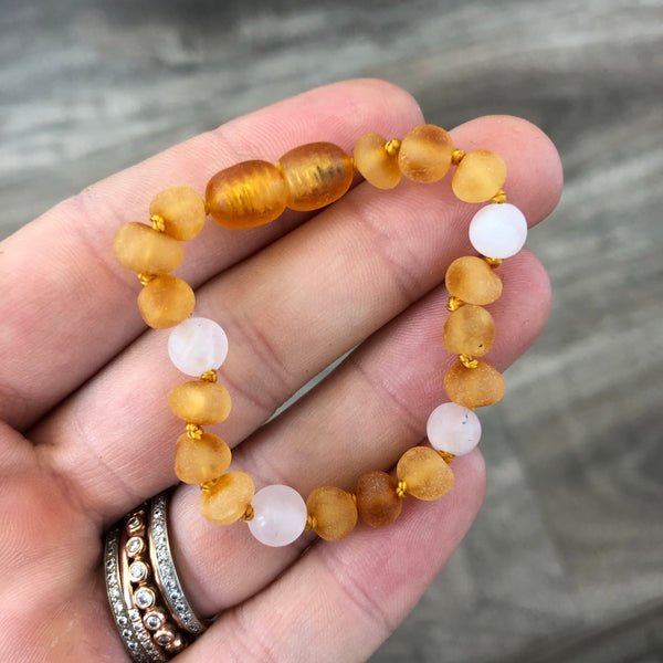 Baltic Amber Baby Bracelet - Raw Honey + Matte Rose Quartz