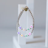 Pastel letters on white beads WITH metallics between