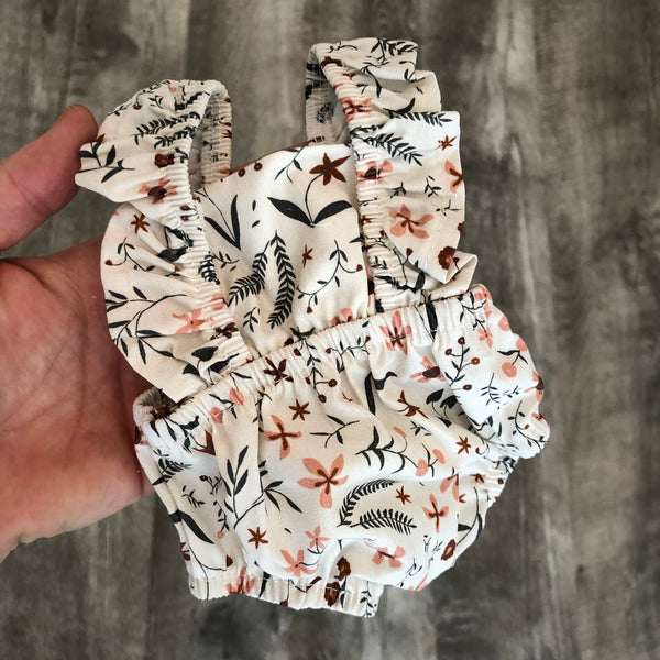 READY TO SHIP White floral romper - burgundy flowers w/ greenery