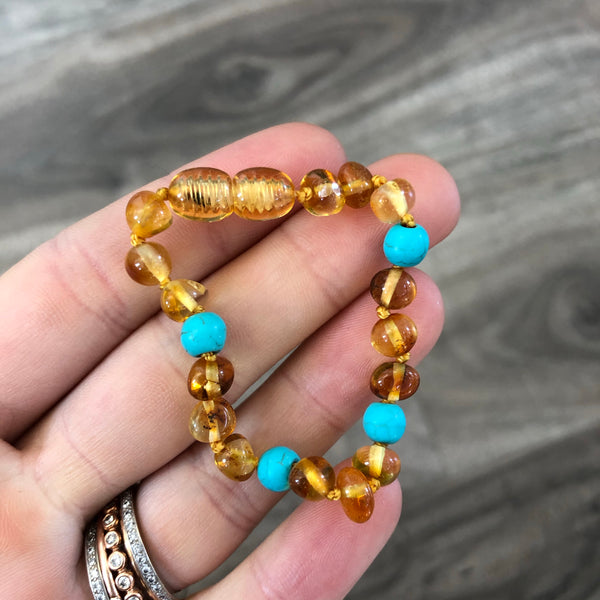 Baltic Amber Baby Bracelet - Polished Honey + Turquoise