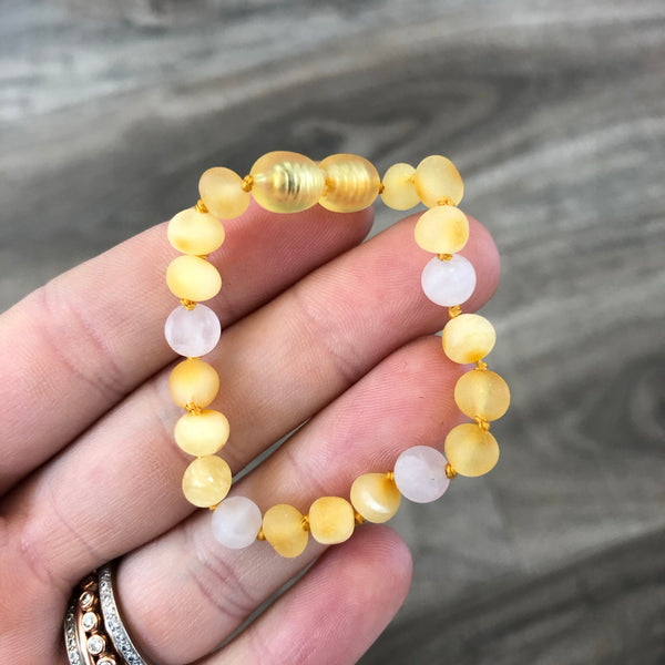 Baltic Amber Baby Bracelet - Raw Lemon + Matte Rose Quartz